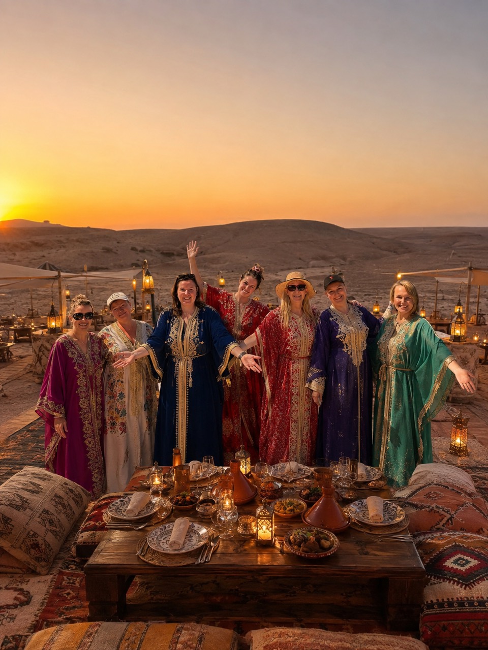 The women of Red Circle gathered around a dinner table at sunset